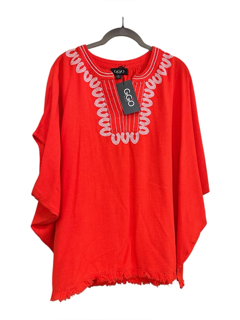 NWT Embroidered Linen-Blend Top w/ Dolman Sleeves & Frayed Hem.  Size Medium